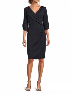 Le Bos, Glitter Knit, Rhinestone Rimmed 3/4 Sleeves, Faux Wrap Dress